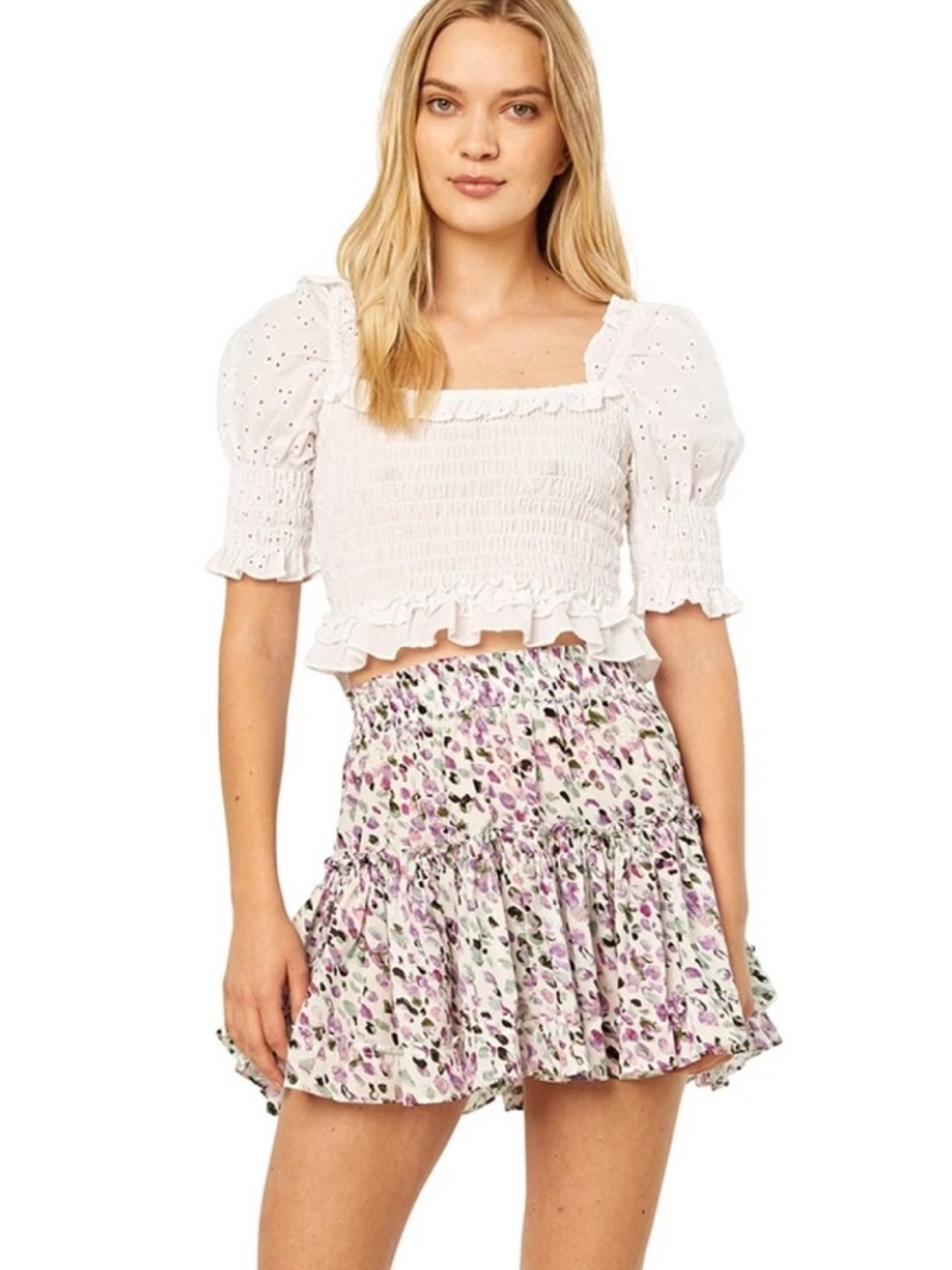 NWT MISA Floral Smocked Ruffle Mini Skirt - White with Purple Floral Large